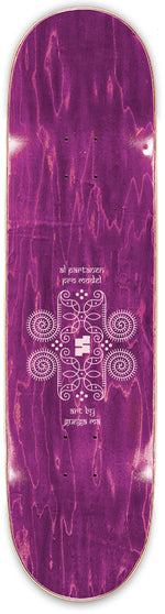 Purple Al Partanen Space Pupil skateboard deck with Gunga Ma Kollom pattern and text on a white background
